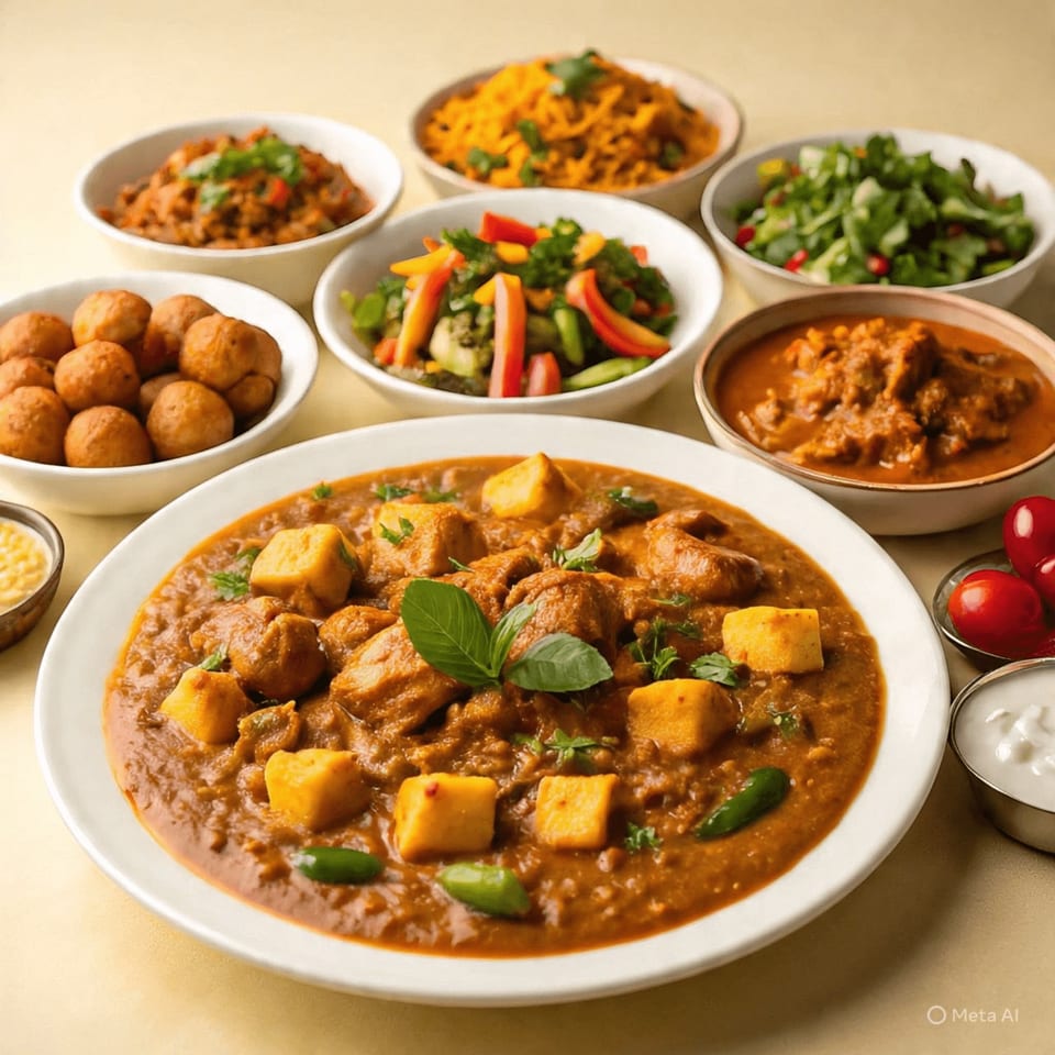 A vibrant Indian feast with chicken curry, paneer, salads, and fried dough balls.